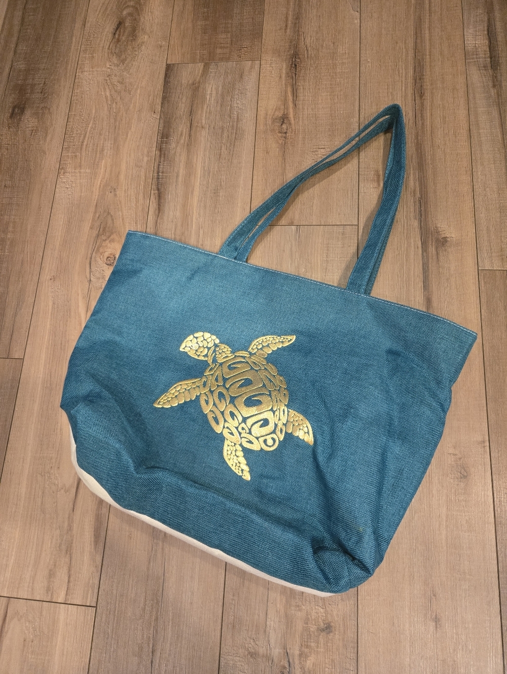 Teal Canvas Beach Tote Bag with Gold Sea Turtle Print XL Like New